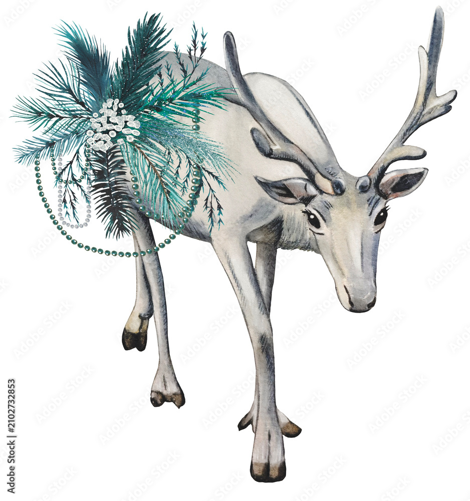 Obraz premium Hand drawn white reindeer. Winter woodland animals clipart. Watercolor illustration.