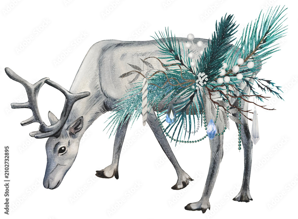 Obraz premium Hand drawn white reindeer. Winter woodland animals clipart. Watercolor illustration.
