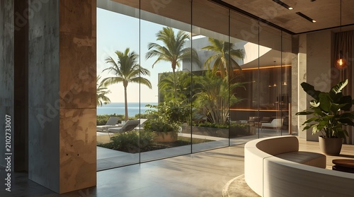 Modern terrace and poolside view at a luxury resort hotel