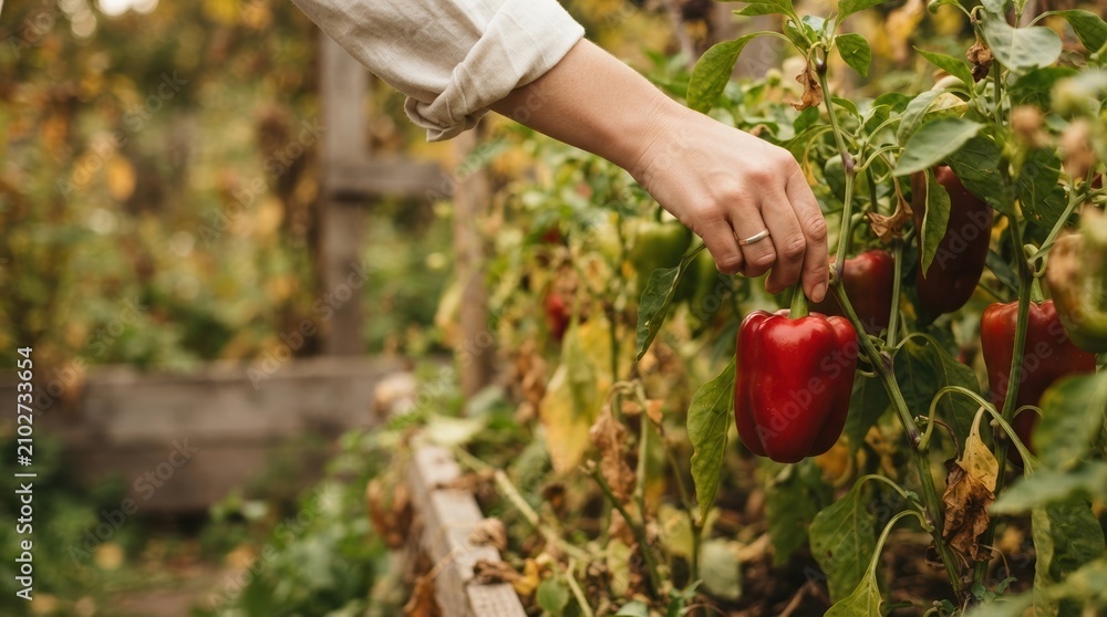 Fototapeta premium Woman harvesting fresh organic red bell pepper in home garden during autumn harvest season for healthy cooking