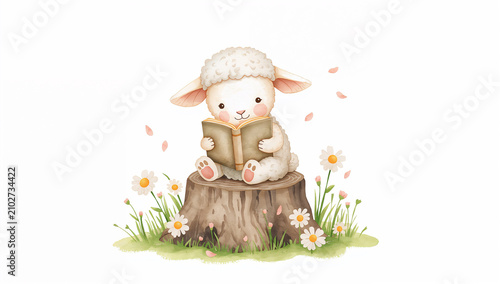 春のデイジーに囲まれて本を読む子羊の水彩イラスト