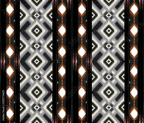 Seamless geometric pattern art for all occasions. Abstract, ethnic, black background, vertical geometric lines. Suitable for textiles, pillows, curtains, clothing, vector images, background images.