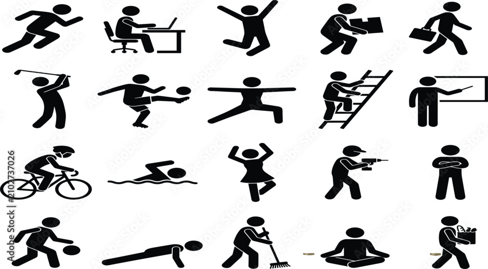 Obraz premium Stick Figure Silhouette Vector Icon Set Featuring Diverse Human Activities, Sports, Work, Chores, Exercise, and Daily Life Routine Poses for Infographic Designs