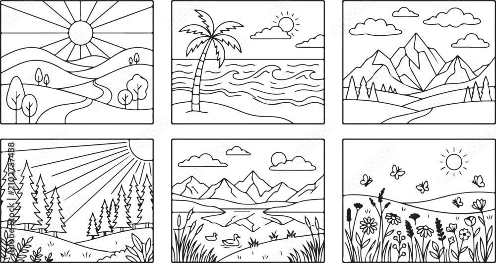 Obraz premium Six minimalist landscape line art illustrations, rural fields, mountains, beach, forest, lake, meadow, framed squares.