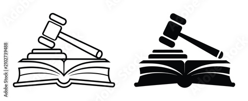 Fotografía 開いた法律書の上に置かれた裁判官の木槌の白黒イラスト