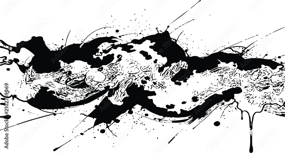 Obraz premium Abstract Black Ink Splash Horizontal Paint Splatter With Grunge Texture And Drip.