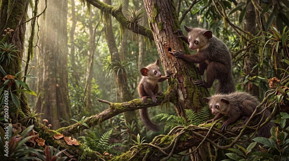 Fototapeta premium Three rare Aye-aye lemurs in a lush tropical rainforest habitat
