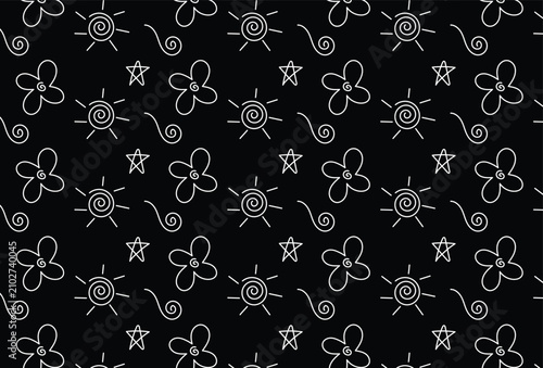 Seamless tribal pattern featuring hand drawn geometric symbols in white on a black background. Minimal ethnic design ideal for textiles, wallpaper, wrapping, and digital backgrounds.