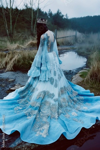 Woman in an elegance sleek, shimmering, icy-blue gown with a crystal crown and a flowing train