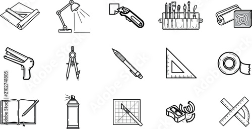 Vector linear icon set of professional drafting tool architectural design equipment artist workspace supplies stationeries cutting and measuring instruments concepts