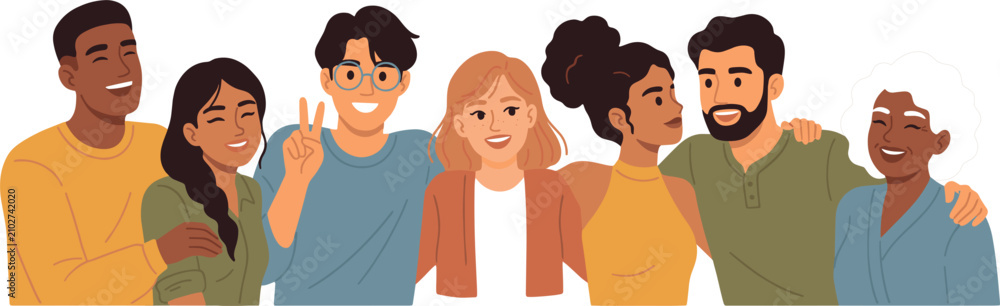 Fototapeta premium Vector illustration of a diverse group of multiethnic happy friends hugging smiling standing together flat cartoon community teamwork and inclusion concept