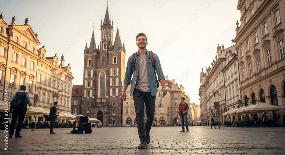 Obraz premium Man walking in historic European city square
