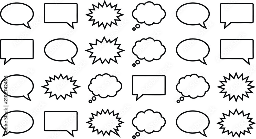Fototapeta premium Minimalist speech bubble icon set, black outline comic thought bubbles, 24 vector chat balloons for communication and dialogue design
