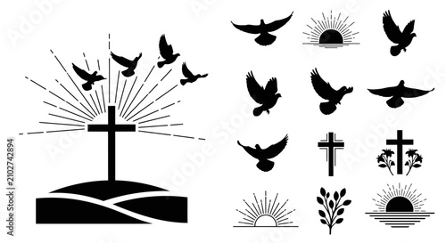 Photos Black silhouettes of christian symbols with symbols including crosses plants whi