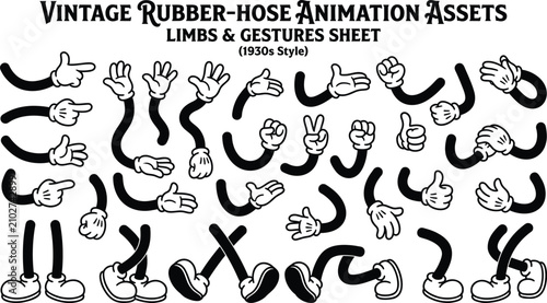 Vintage rubber hose animation limbs and gestures assets with a playful cartoon style