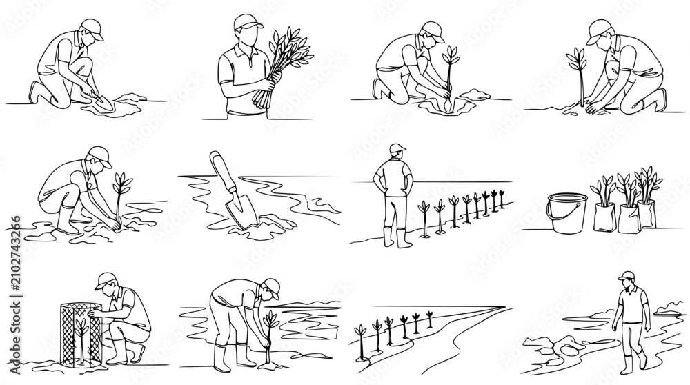 Obraz premium Gardening planting seedlings set, line art illustrations of people planting trees and plants in soil.