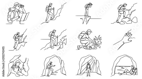 Quadro su tela Hiking Adventure Collection: Single Line Art of People Exploring Nature and Moun