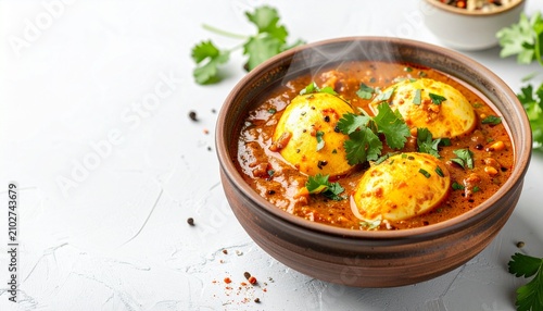 Hot egg curry with aromatic steam rising, Indian spices and rich sauce, traditional bowl presentation, white background, copy space
