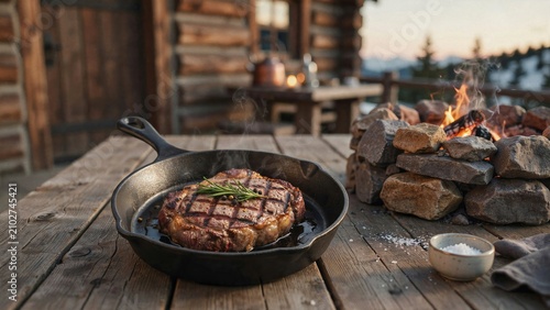 Grilled steak in cast iron pan with rosemary and peppercorns next to campfire full hd 4k stock image download