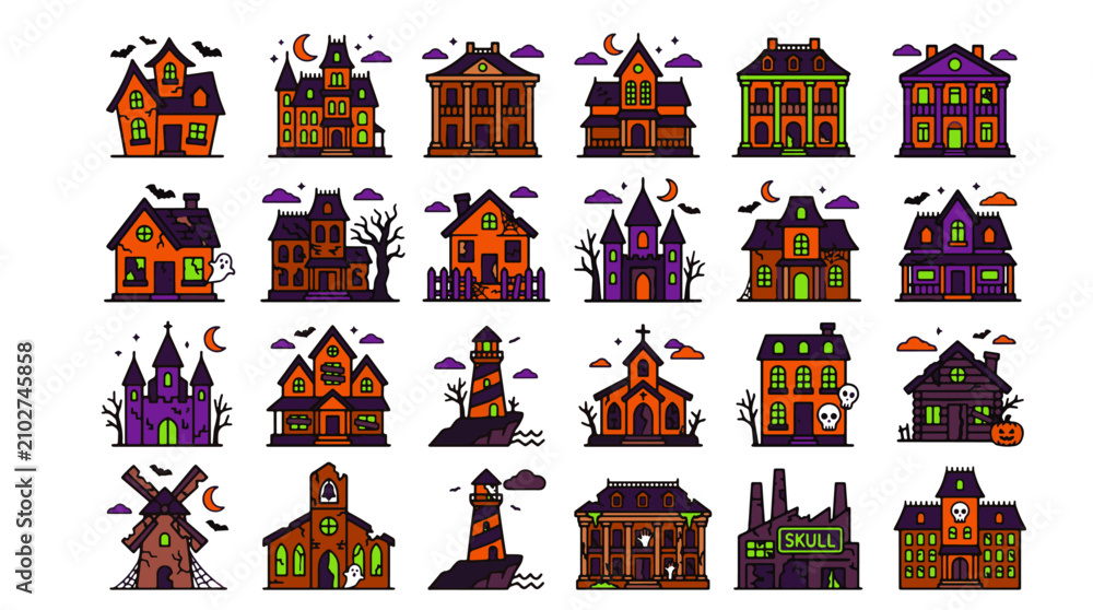 Naklejka premium Spooky Haunted House Vector Icon Set with Castles Churches Windmills and Lighthouses
