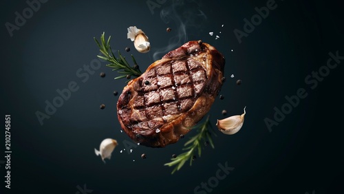 Grilled steak with rosemary garlic and peppercorns floating in air full hd 4k stock image download meat