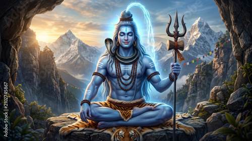 Lord Shiva Meditating in a Mountain Cave with Sacred Trident and Himalayan Peaks