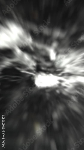 Vertical Abstract black and white radial blur background with fast flickering light streaks and zoom blur effect.