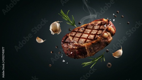 Grilled steak with rosemary garlic and peppercorns floating in air full hd 4k stock image download meat 1