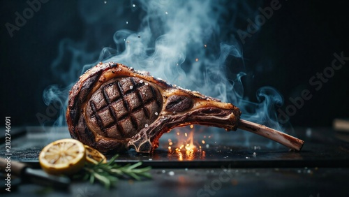 Grilled Tomahawk Steak with Smoke and Lemon Slice on Dark Surface full hd 4k stock image download beef