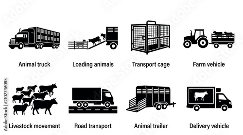 Quadro su tela Animal and Livestock Transportation Icons Depicting Trucks, Trailers, Loading, R
