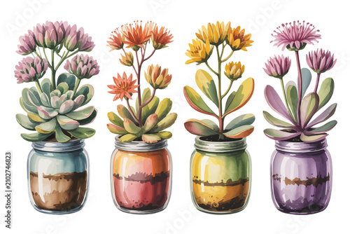 Bild auf Leinwand watercolor Sedum flower in glass jar vector illustration isolated on white backg