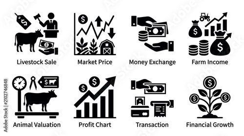 Photos Agricultural Economics and Farm Finance Icons Depicting Livestock Sales, Market