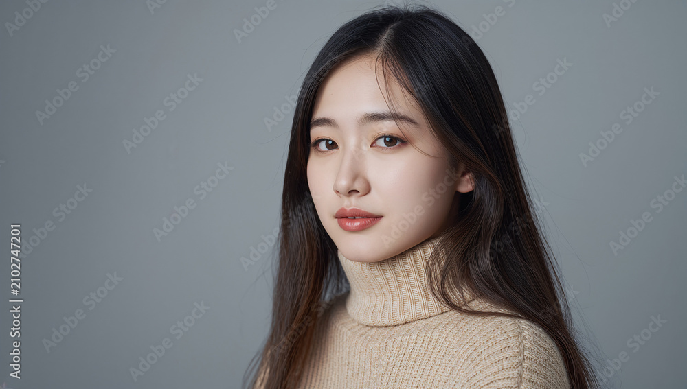 Fototapeta premium サンドベージュのタートルネックを着て穏やかな表情の日本人女性