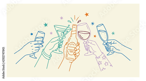 Celebration toast vector illustration, diverse hands clinking drink glasses and beer bottle, festive party cheers, happy hour graphic resource for events and social gatherings