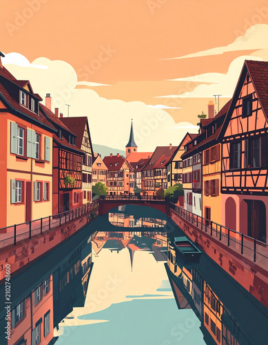 Minimalist flat vector travel poster of Colmar France with colorful half-timbered houses by the canal. Retro French landscape illustration with copy space.