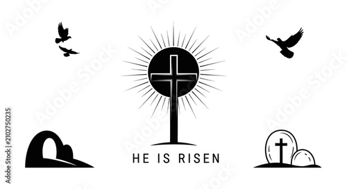 Foto Silhouette christian cross with radiant halo flying doves and graves depicting r