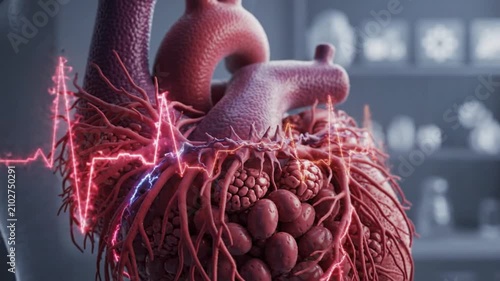 Photorealistic biomedical visualization of interconnected cardiomyocytes performing synchronized contractions within living cardiac tissue realistic branching muscle fibers illuminated by vibrant blue