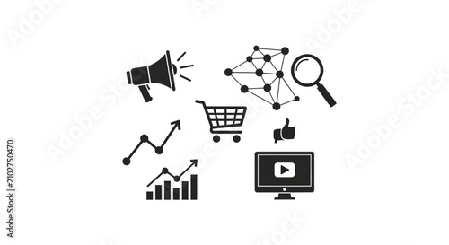 Tableau sur toile E commerce and social media marketing icons with representing various aspects co