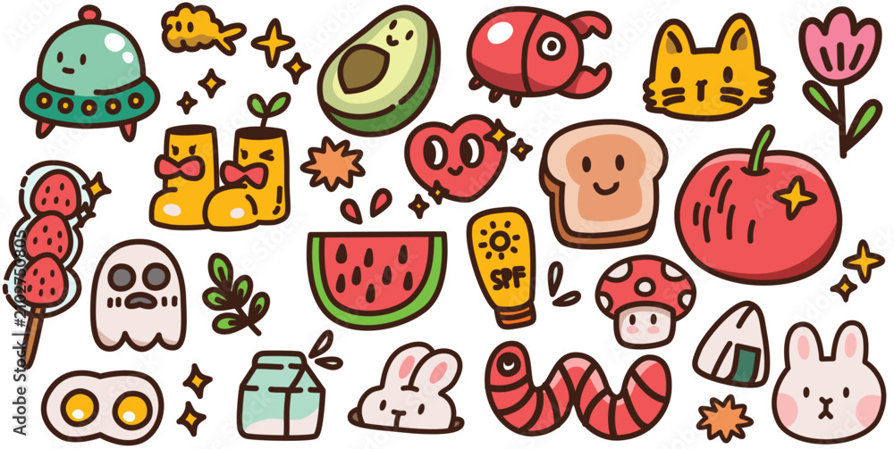 Obraz premium Cute Funny Doodle Sticker Set Vector Illustration, Hand Drawn Cool Random Badges Element Collection Isolated on White Background