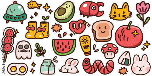 Cute Funny Doodle Sticker Set Vector Illustration, Hand Drawn Cool Random Badges Element Collection Isolated on White Background