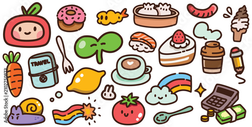 Cute Funny Doodle Sticker Set Vector Illustration, Hand Drawn Cool Random Badges Element Collection Isolated on White Background