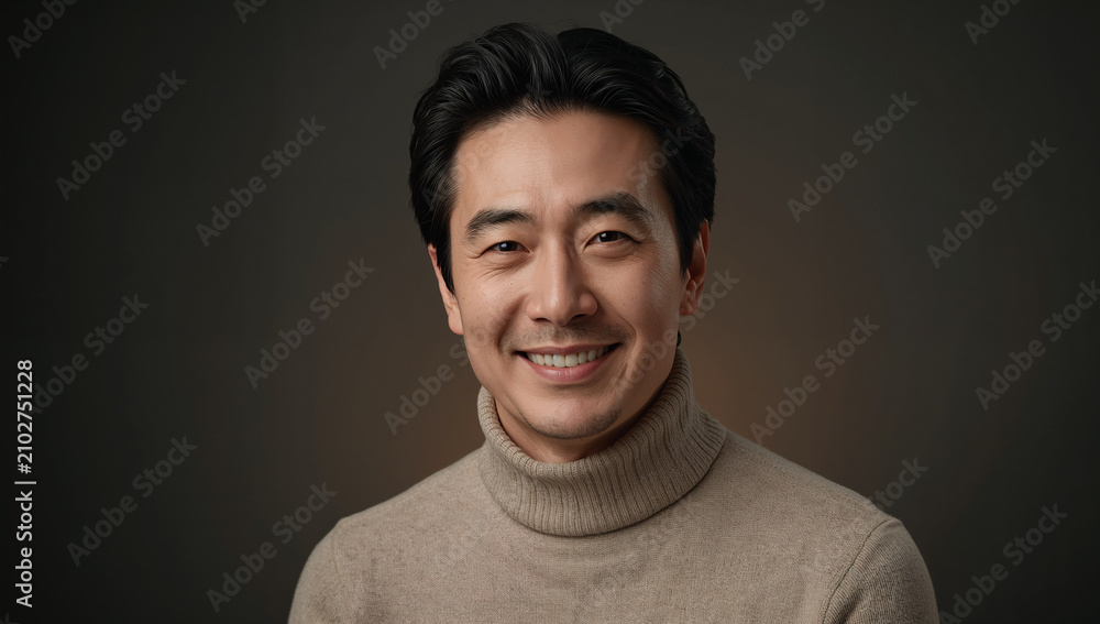 Fototapeta premium ベージュのタートルネックを着て親しみやすい笑顔を見せる日本人男性