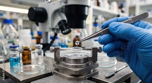 A chemist in nitrile gloves uses fine tweezers to place a tiny clear crystal on a microscope mount beside a cryogenic loop, glass vials, and a polarizing microscope, captured in crisp laboratory
