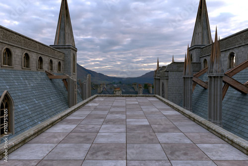 Gothic cathedral rooftop, Halloween photography backdrop.