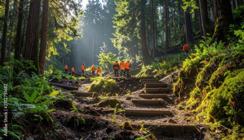 Hiking trail in forest with stairs.