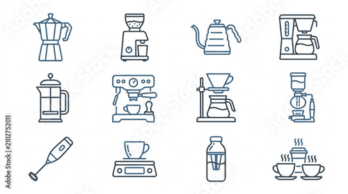 Foto Collection of coffee making equipment and accessories line art icons