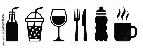Bild auf Leinwand Beverage icon set, minimalist black symbols of soda, smoothie, wine glass with c