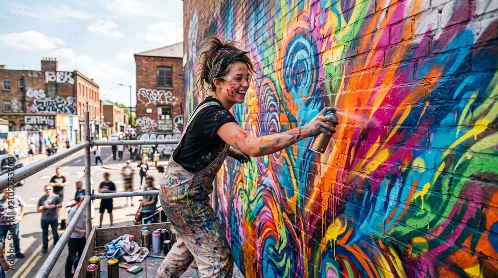 Fototapeta premium Joyful female street artist wearing stained overalls uses a metal spray paint can to create vibrant abstract graffiti art on a rustic red brick wall during a sunny afternoon day.