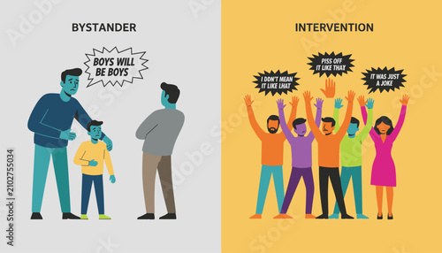 Graphic comparison of a silent bystander excusing bad behavior versus active group intervention and public protest.