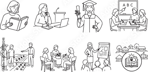 Education vector icons set. Reading thinking graduation teaching farming group discussion presentation school village learning idea.